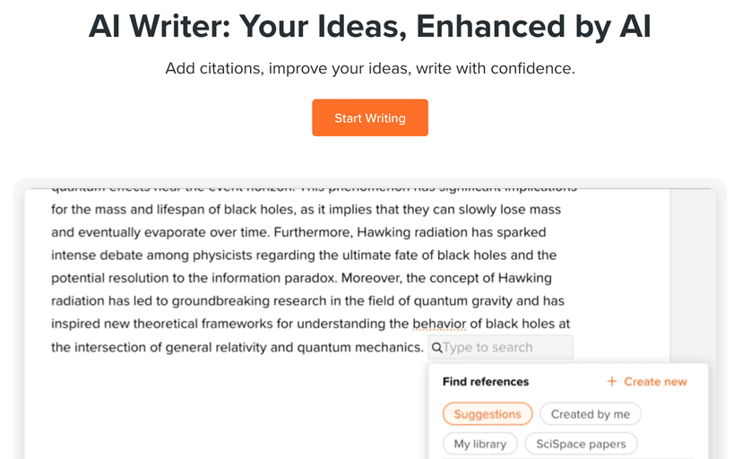 SciSpace core feature - AI Academic Writer