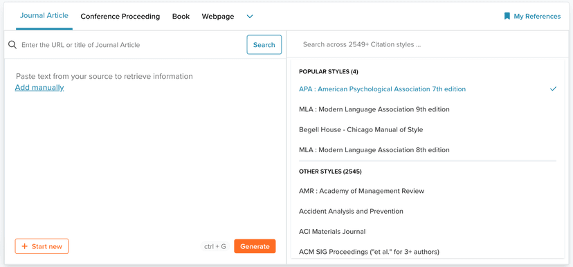 SciSpace core feature - Citation Generator